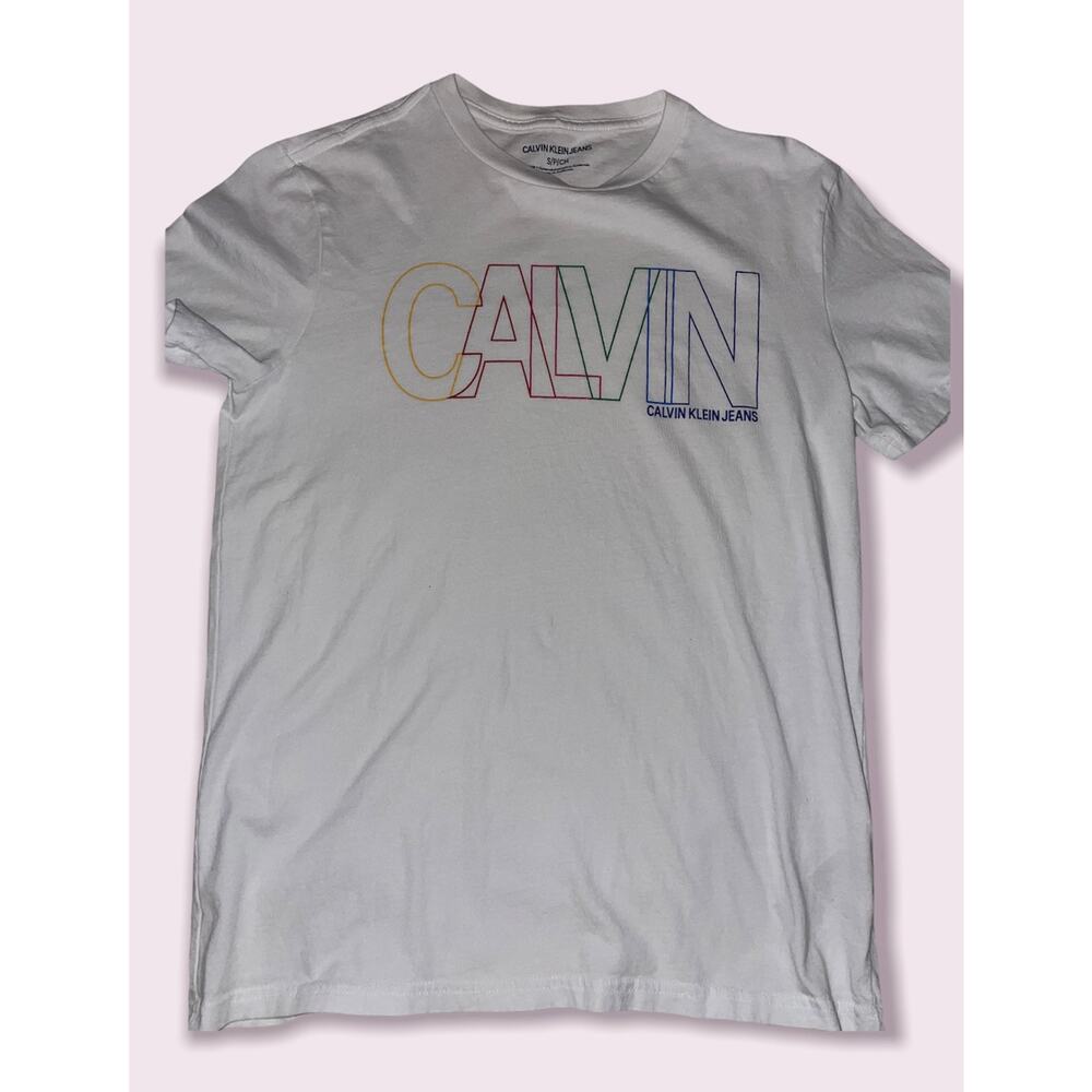 Calvin Klein White Graphic Tee Sz Small EUC